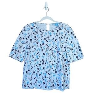 DRAPER JAMES Printed Denim Popover Top Floral Size 12 Short Sleeve Preppy